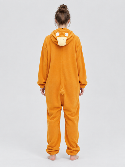 Orange Fleece Jumpsuit Pajama with Oversized Hood