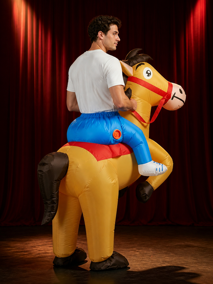 Adult Inflatable Horse Costume, Funny Halloween Ride-On Outfit with Red Saddle back view