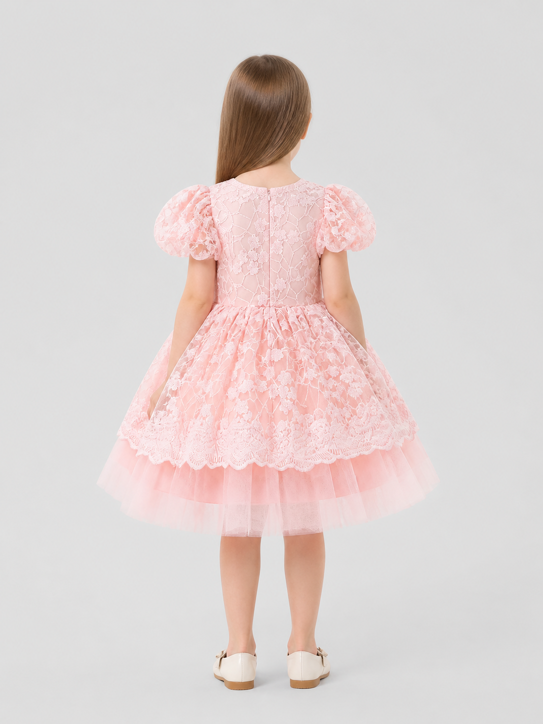 Pink Princess Dress with Lace and Full Skirt back view