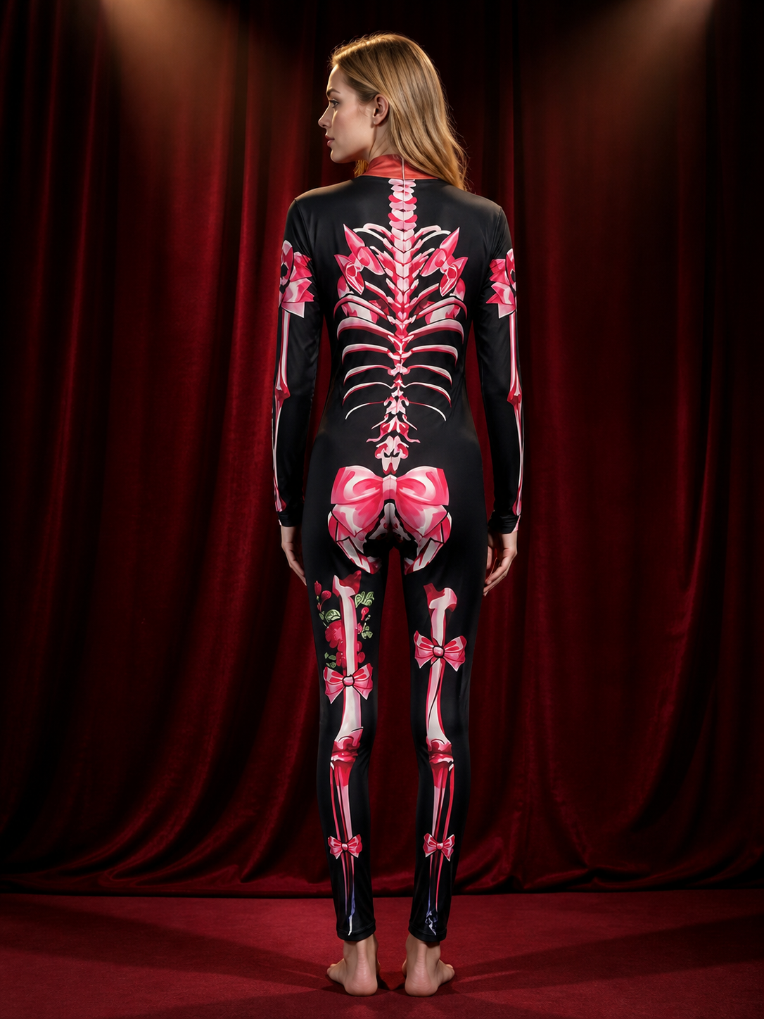 Long Sleeve High Neck Skeleton Bodysuit Costume With Pink Bow Print back view