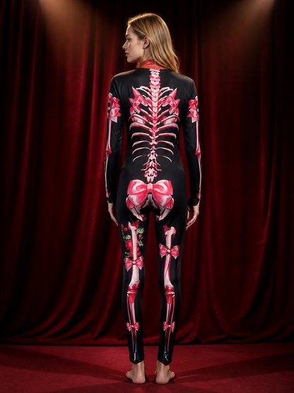 Long Sleeve High Neck Skeleton Bodysuit Costume With Pink Bow Print back view