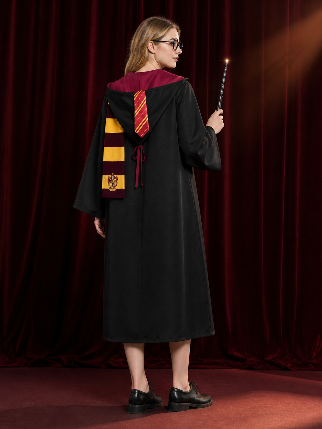 Gryffindor-Themed Wizard Robe Costume Set with Scarf, Tie, Glasses and Wand back view