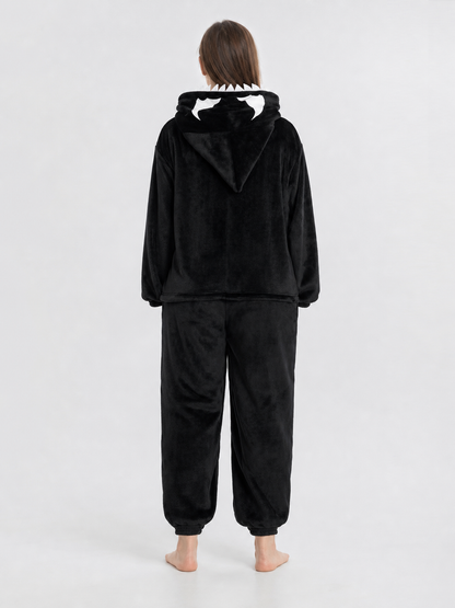Hooded jumpsuit with zipper and spider print