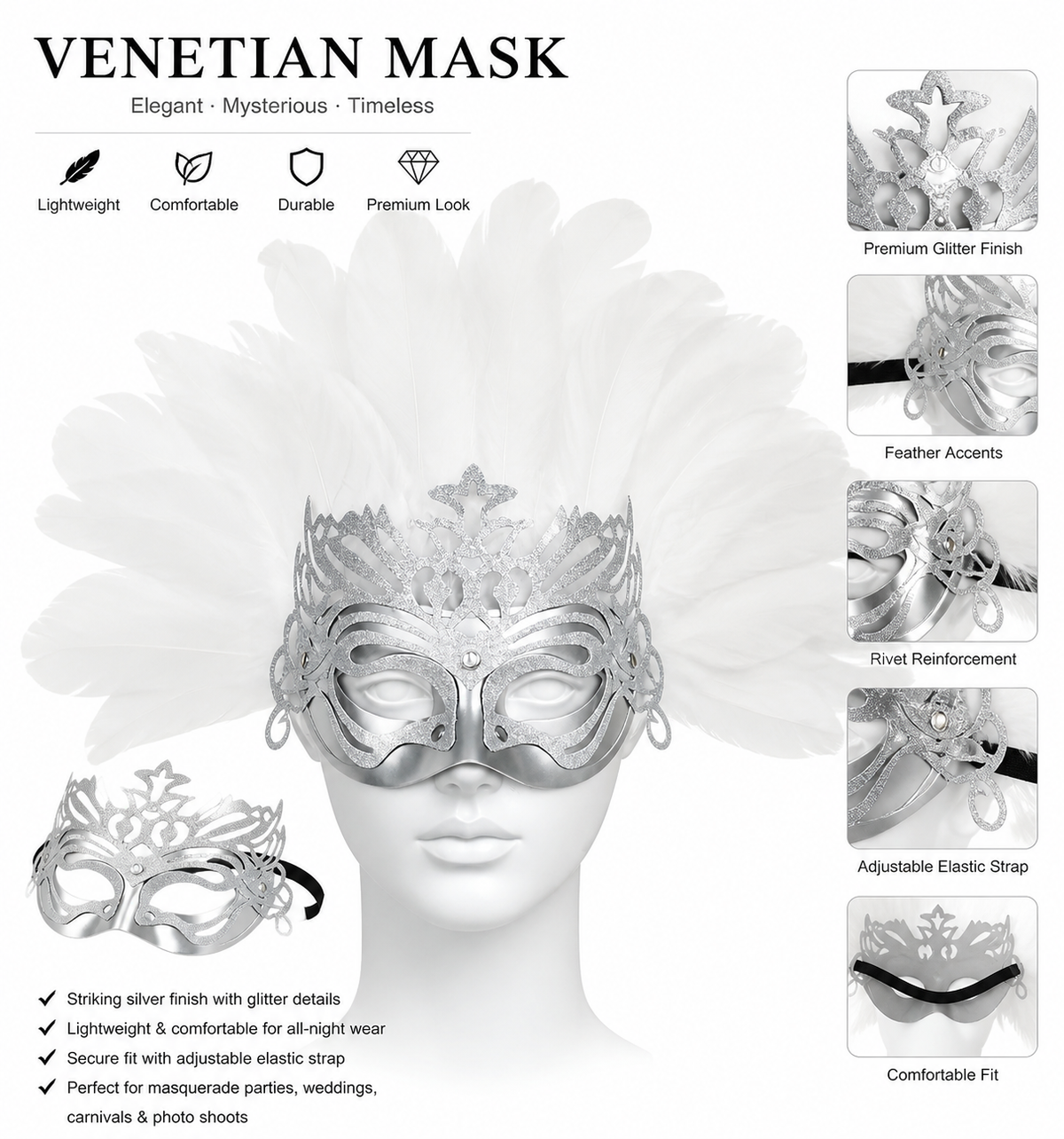 White feather silver masquerade mask product view 22