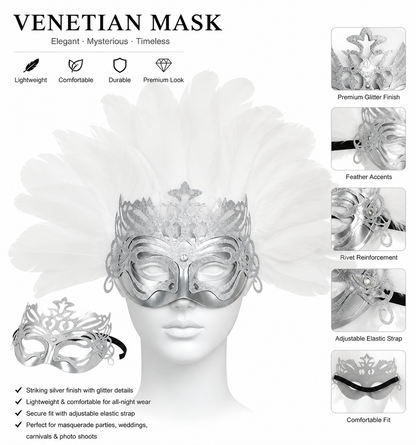 White feather silver masquerade mask product view 22