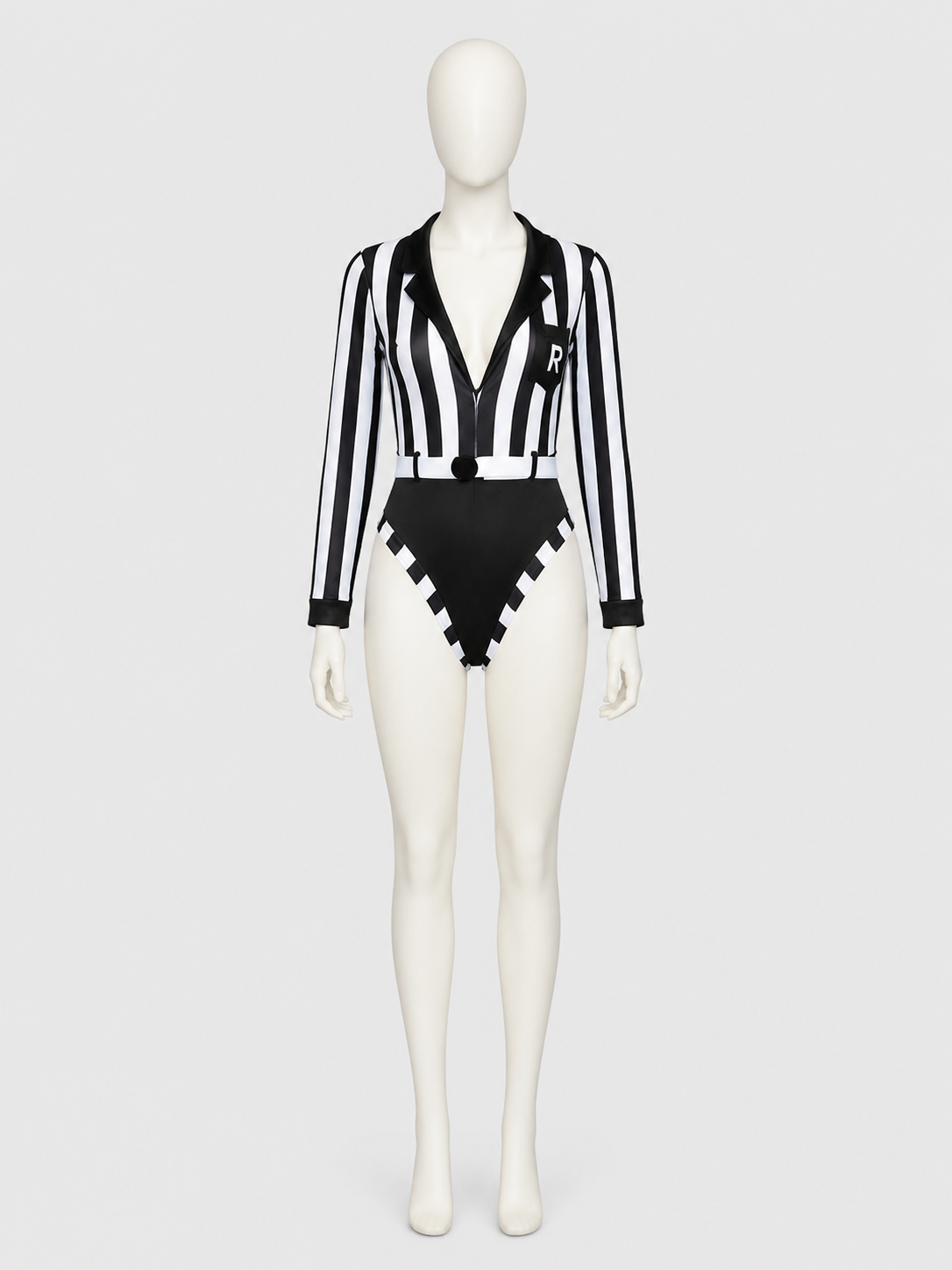Black-and-White Striped Bodysuit with a Plunging Neckline back view