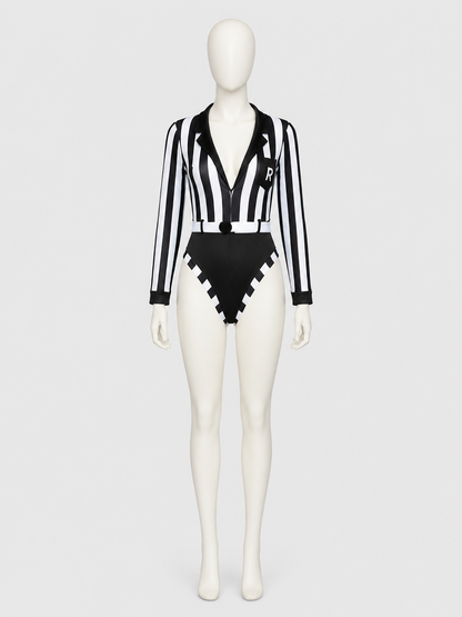 Black-and-White Striped Bodysuit with a Plunging Neckline back view