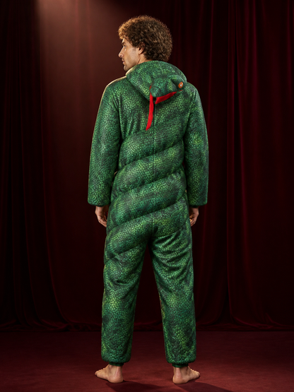 Green Long-Neck Dinosaur Jumpsuit Costume with 3D Head, Halloween Party Outfit back view