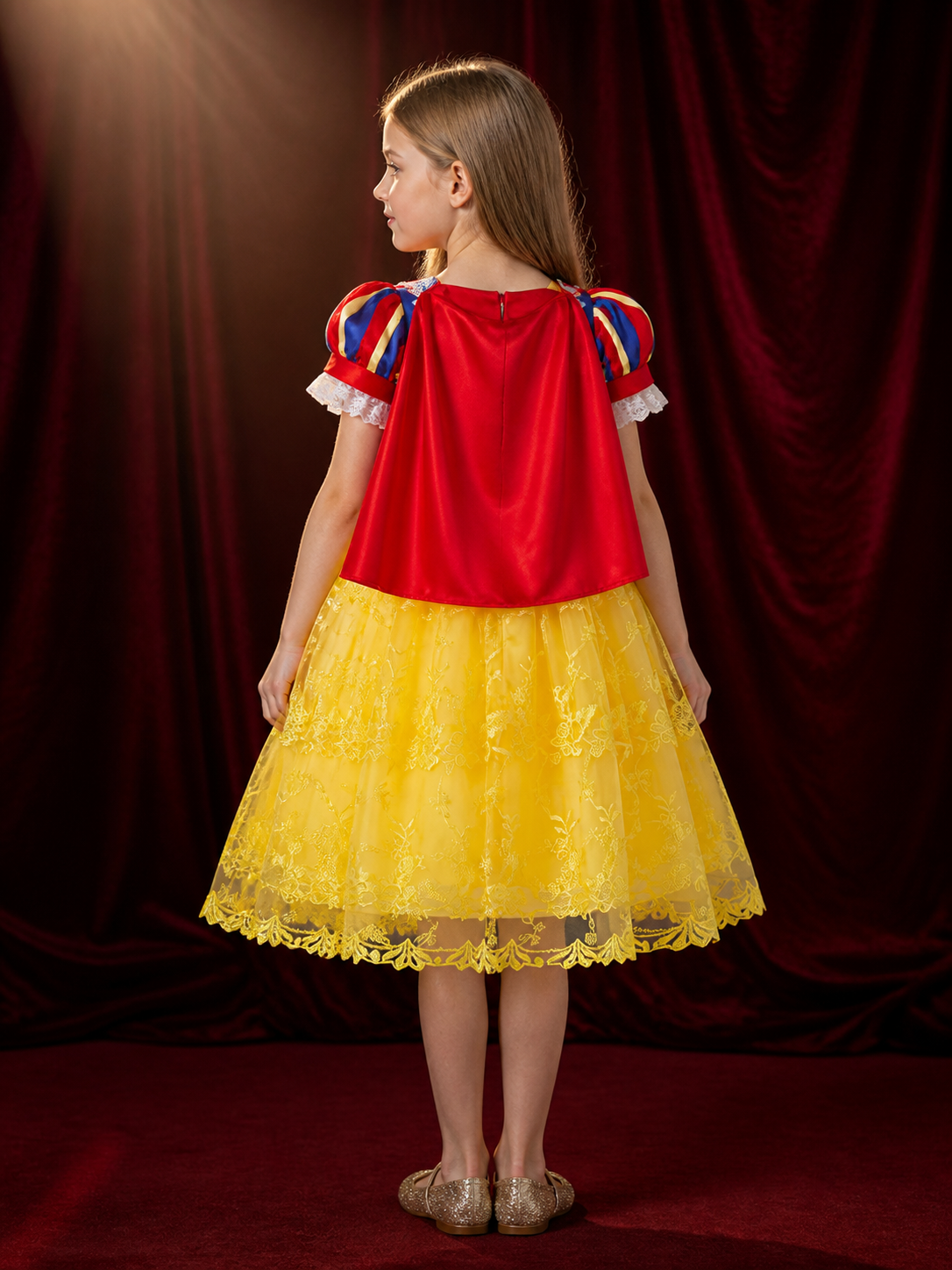 Girls Princess Dress Costume Set With Cape, Lace and Yellow Tulle Skirt back view
