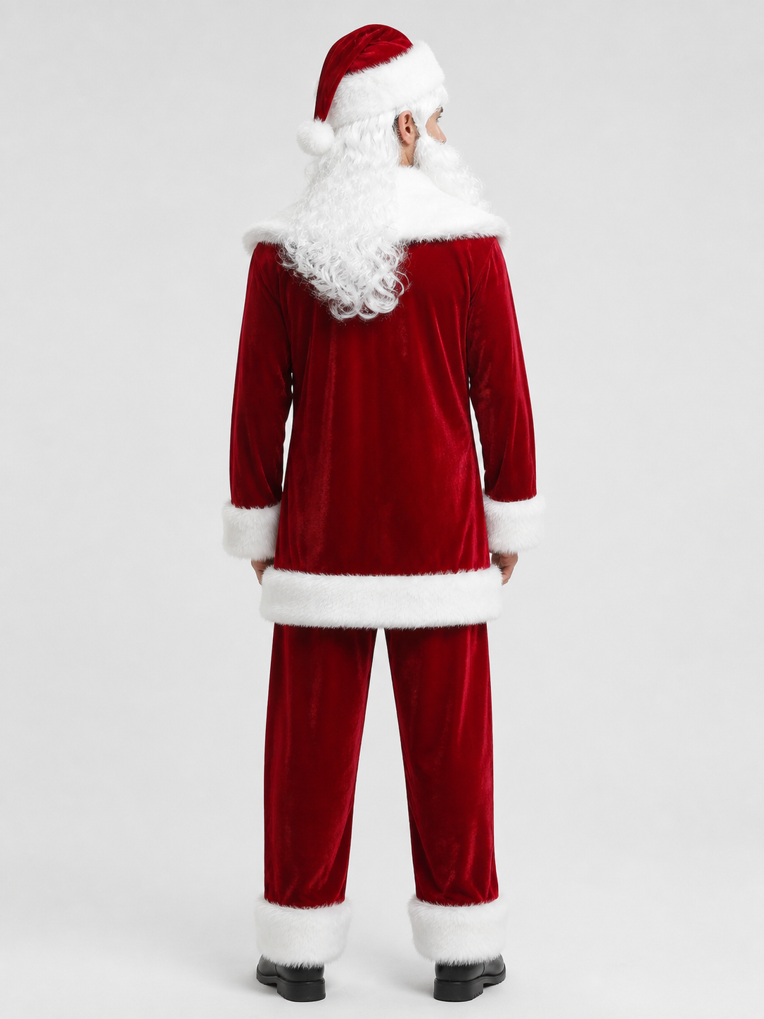 Santa Claus Costume, Red, with Beard and Hat back view