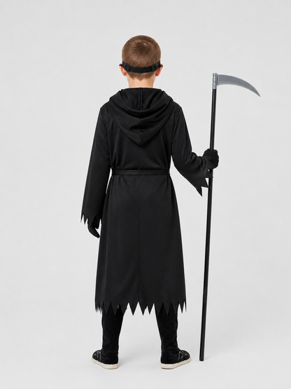 Skeleton Costume: Black Hooded Robe with Scythe