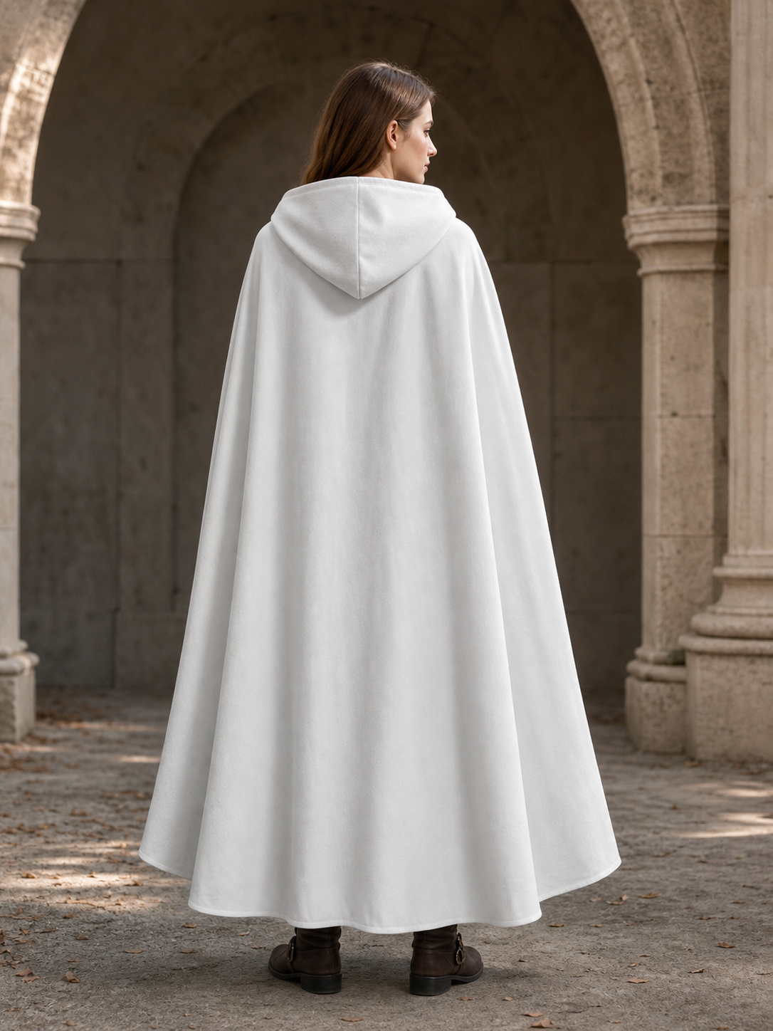 Medieval White Velvet Hooded Long Cloak Cape with Black Bow Tie Front Flared Hem
