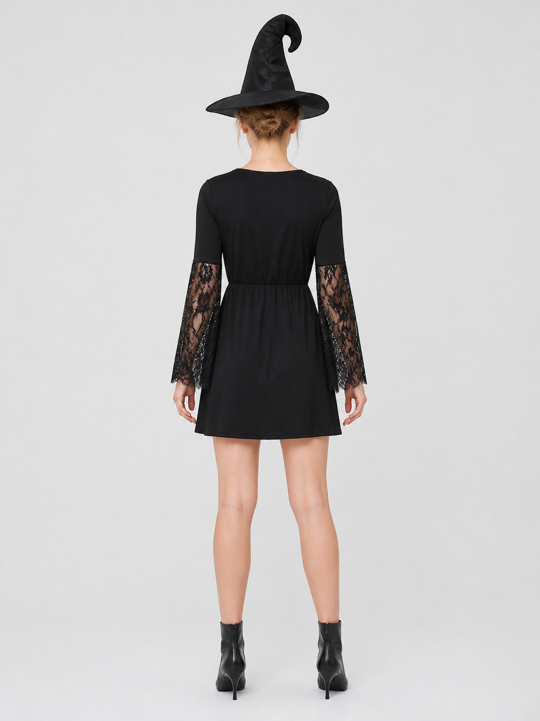 Black Witch Dress with Lace Sleeves, Necklace, and Hat back view
