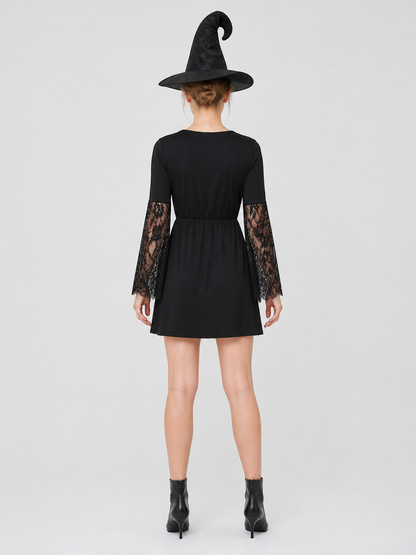 Black Witch Dress with Lace Sleeves, Necklace, and Hat back view