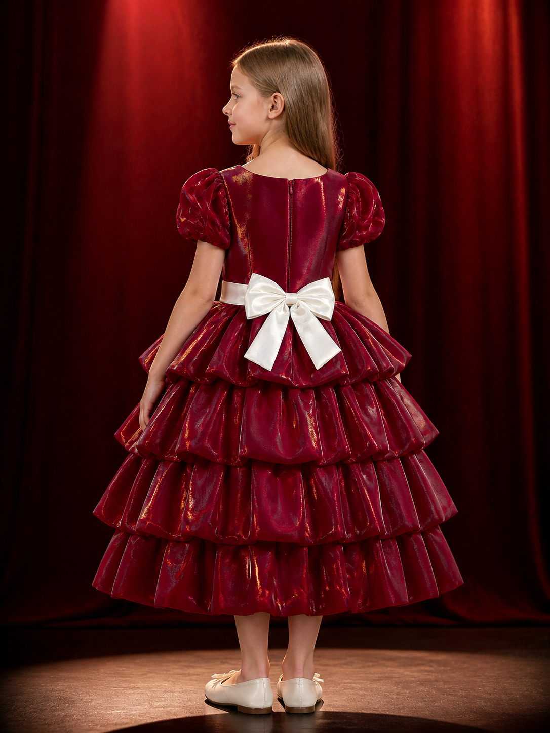 Baby Girls' Maroon Princess Dress with Layered Ruffle Skirt and White Bow back view