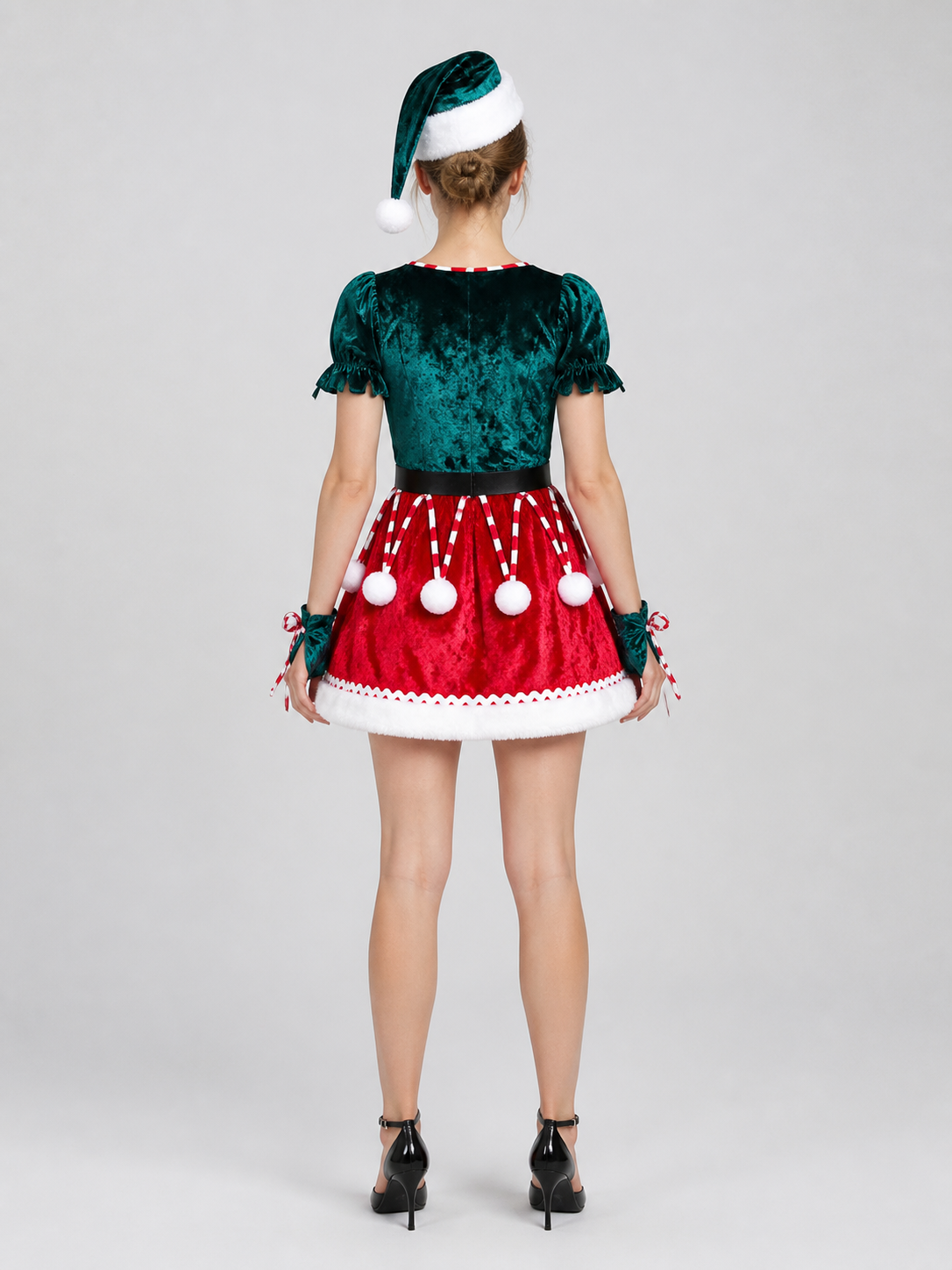 New Year's Costume Dress in Red and Green with White Fur back view