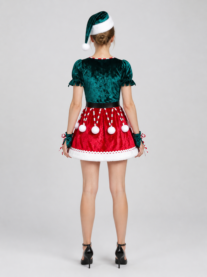New Year's Costume Dress in Red and Green with White Fur back view