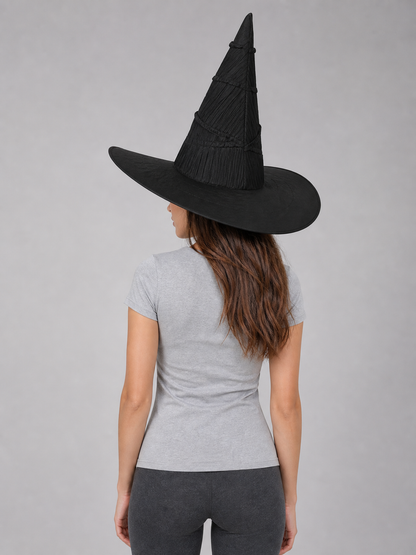 Matte Black Halloween Witch Hat Tall Pointed Crown Wide Curved Floppy Brim Ruched Costume Accessory for Cosplay Party Stage Dress Up