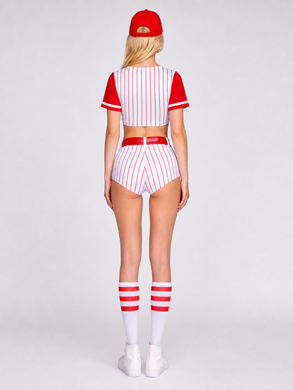 Red and White Striped Baseball Outfit, Top and Shorts