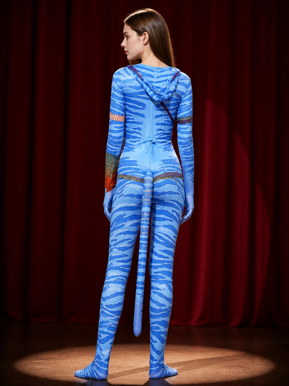 Adult Blue Alien Camouflage Bodysuit Costume, Footed Long Sleeve With Tail back view