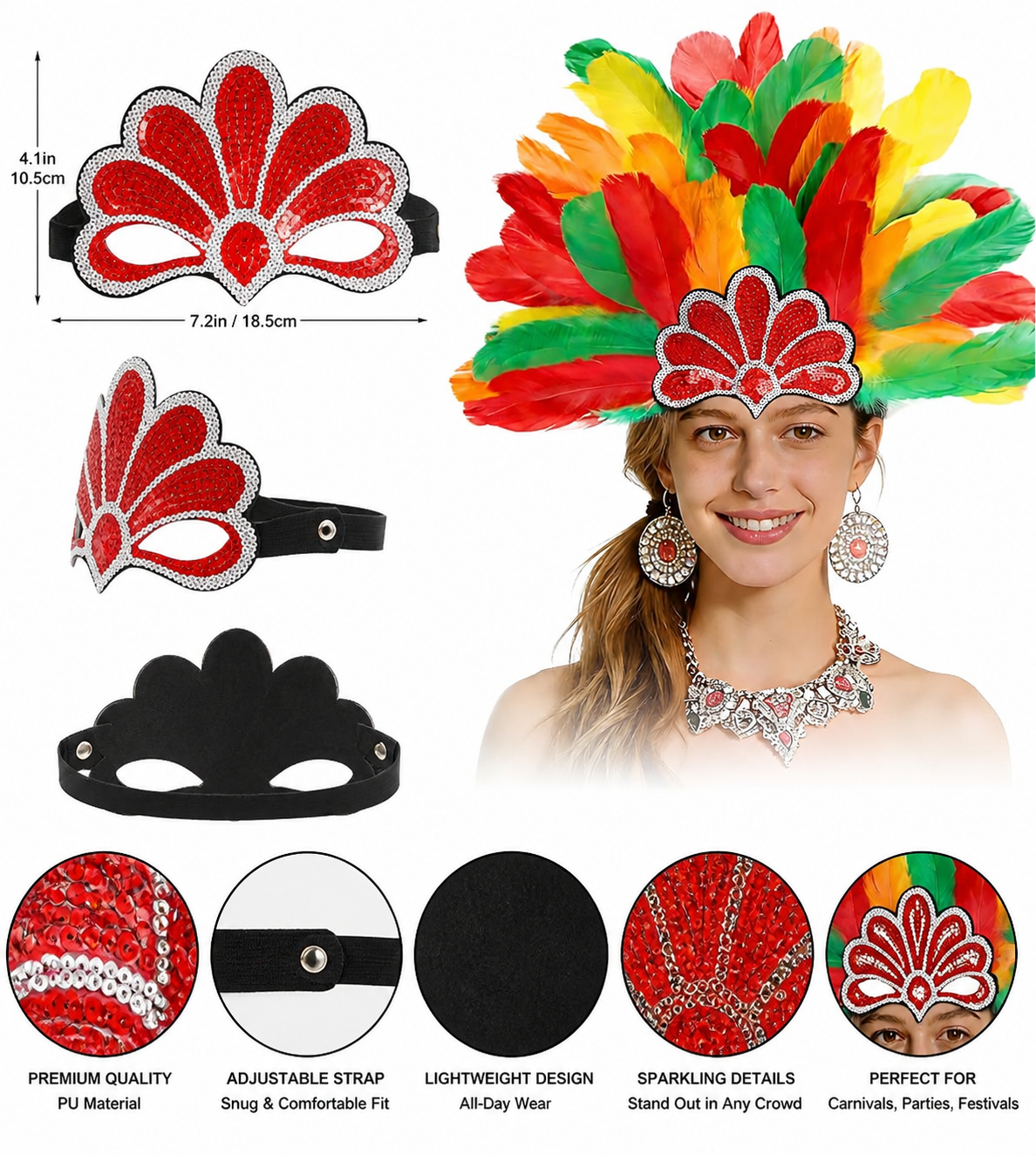 Carnival Headpiece with Multicolored Feathers back view 4