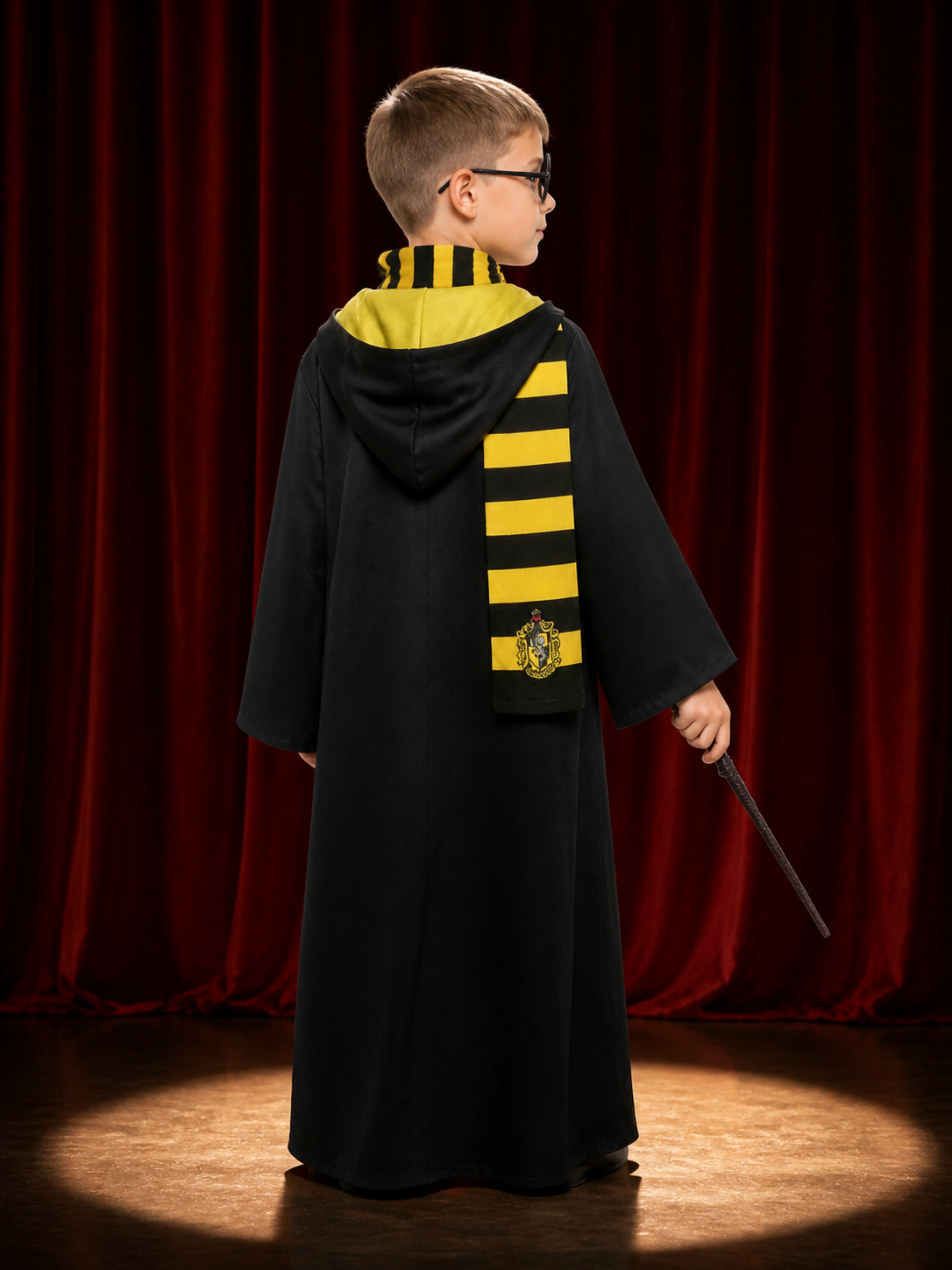 Kids Wizard Robe Costume Set, Black Hooded Cape with Yellow Black Striped Scarf back view