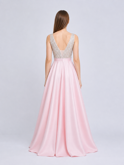 Floor-Length Evening Dress with a Deep V-Neckline