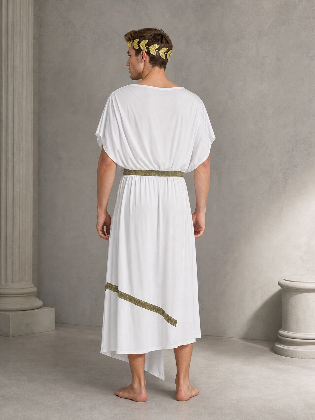 Adult Men's Ancient Greek Costume Set, 3pcs Draped Robe With Gold Trim, Waist Belt And Laurel Wreath For Cosplay Theme Parties