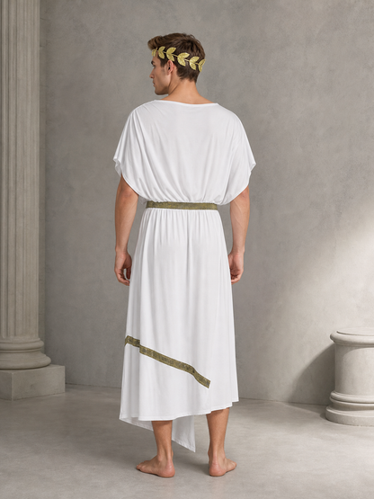 Adult Men's Ancient Greek Costume Set, 3pcs Draped Robe With Gold Trim, Waist Belt And Laurel Wreath For Cosplay Theme Parties