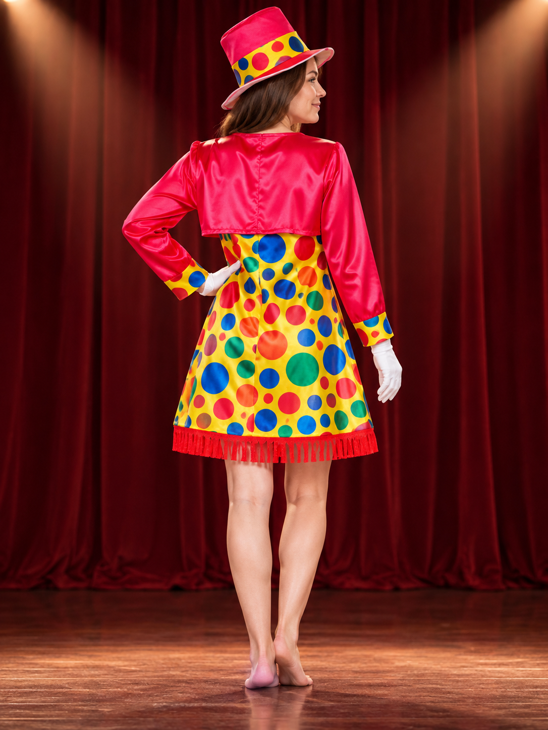 Adult Clown Costume with Dress, Hat, and Cape