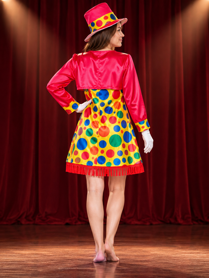 Adult Clown Costume with Dress, Hat, and Cape