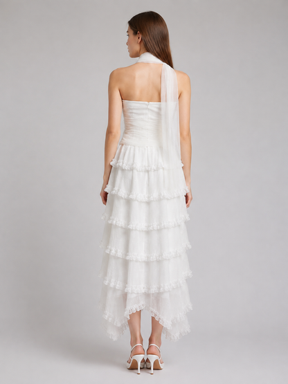 White Chiffon Dress with Corset Bodice back view