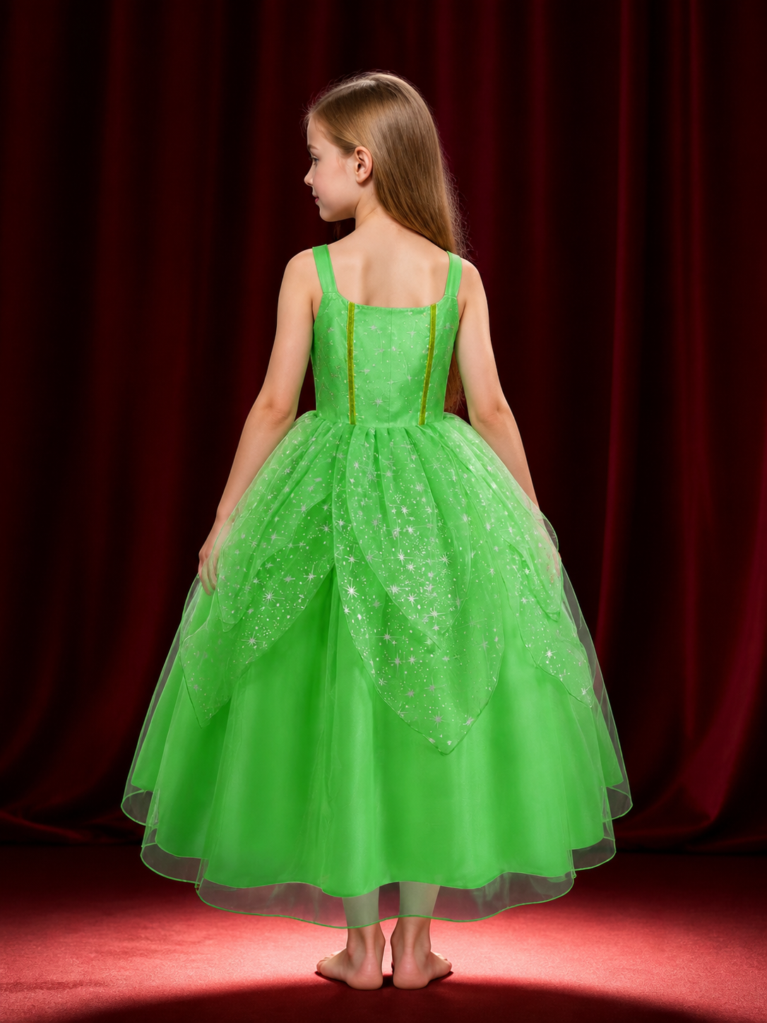 Kids Green Princess Dress Costume with Glitter Stars and Tutu Skirt for back view