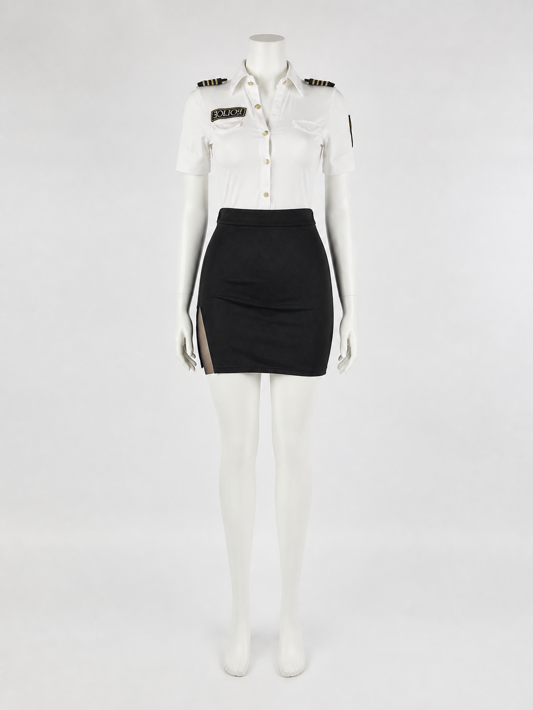 Women's Police Officer Costume Set, White Shirt with Shoulder Patches and Black back view