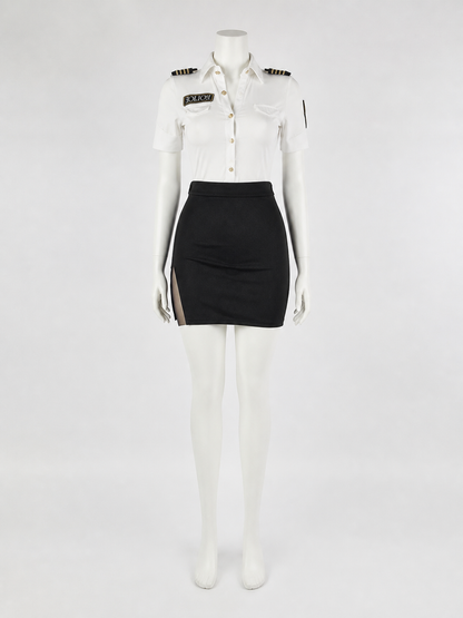 Women's Police Officer Costume Set, White Shirt with Shoulder Patches and Black back view