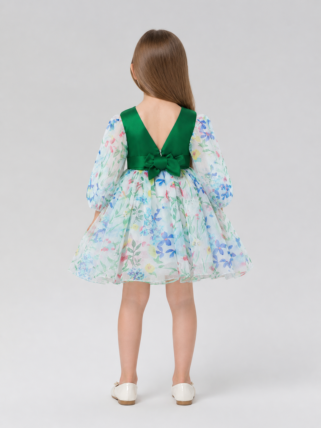 Dressy Girls’ Dress with Floral Print and Full Skirt