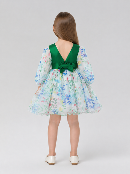 Dressy Girls’ Dress with Floral Print and Full Skirt