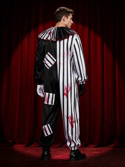 Horror Clown Jumpsuit Costume, Ruffled Collar, Striped Splatter Print back view