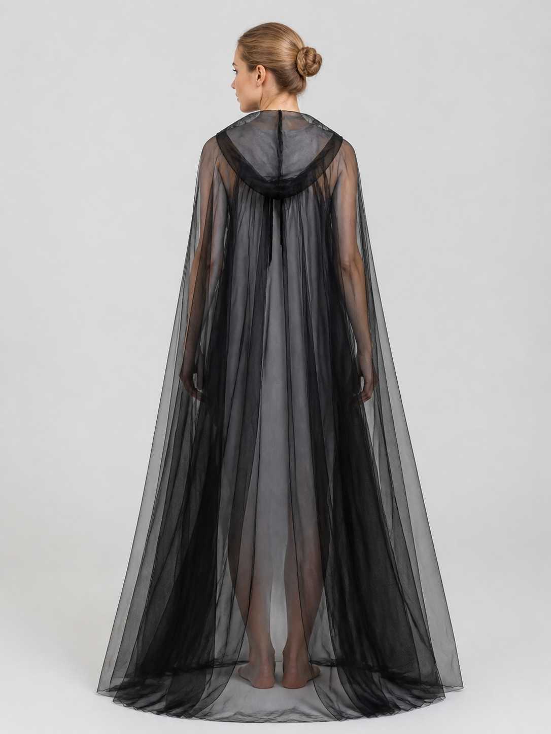 Black Mesh Death Cloak with Hood for Halloween back view
