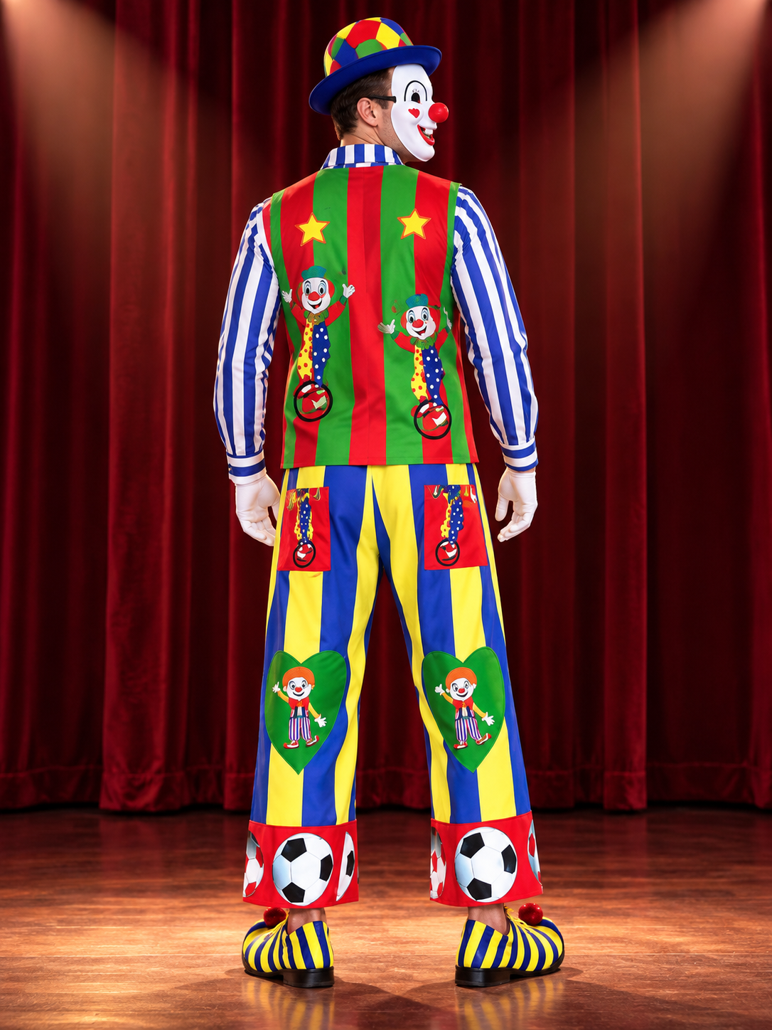 Colorful clown costume with vest, hat, and mask