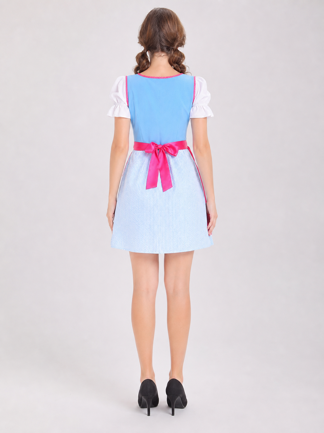 Dress with an apron, bow, and puff sleeves
