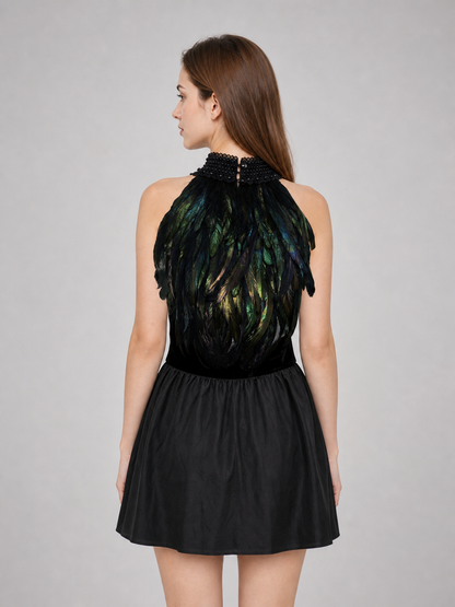 Feathered Halter Top with Beaded Collar
