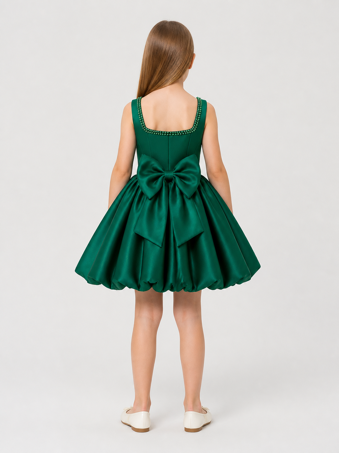 Emerald Princess Dress with a Full Skirt and Rhinestones back view