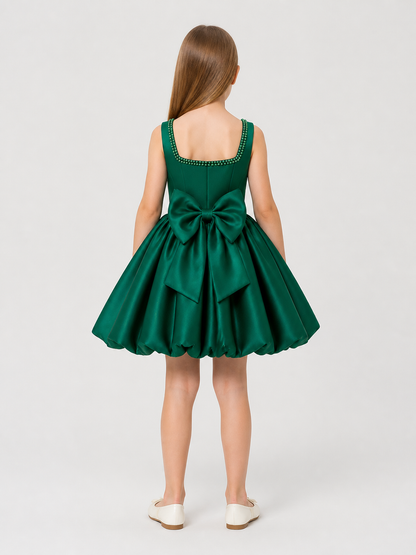 Emerald Princess Dress with a Full Skirt and Rhinestones back view