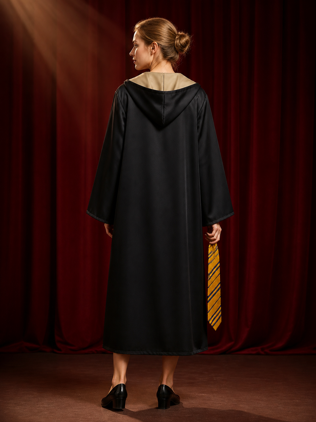 Kids Hufflepuff Wizard Robe Costume Set With Hood and Tie back view