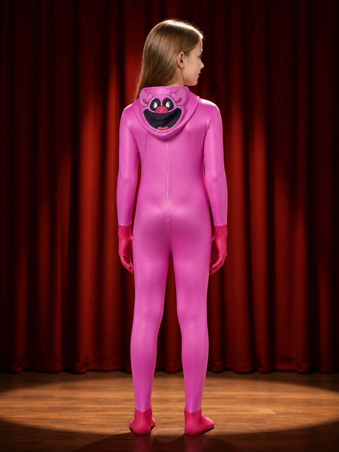 Pink Pig Hooded Onesie Costume, Full Body Animal Jumpsuit With Attached Face back view