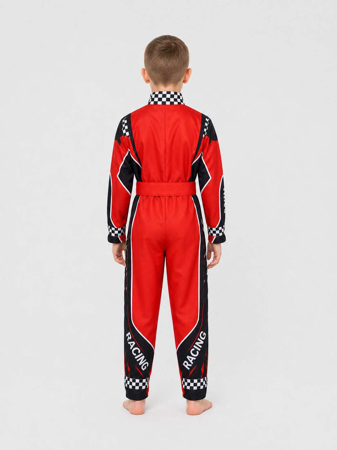 Racing Jumpsuit with Belt, Red, White, and Black back view