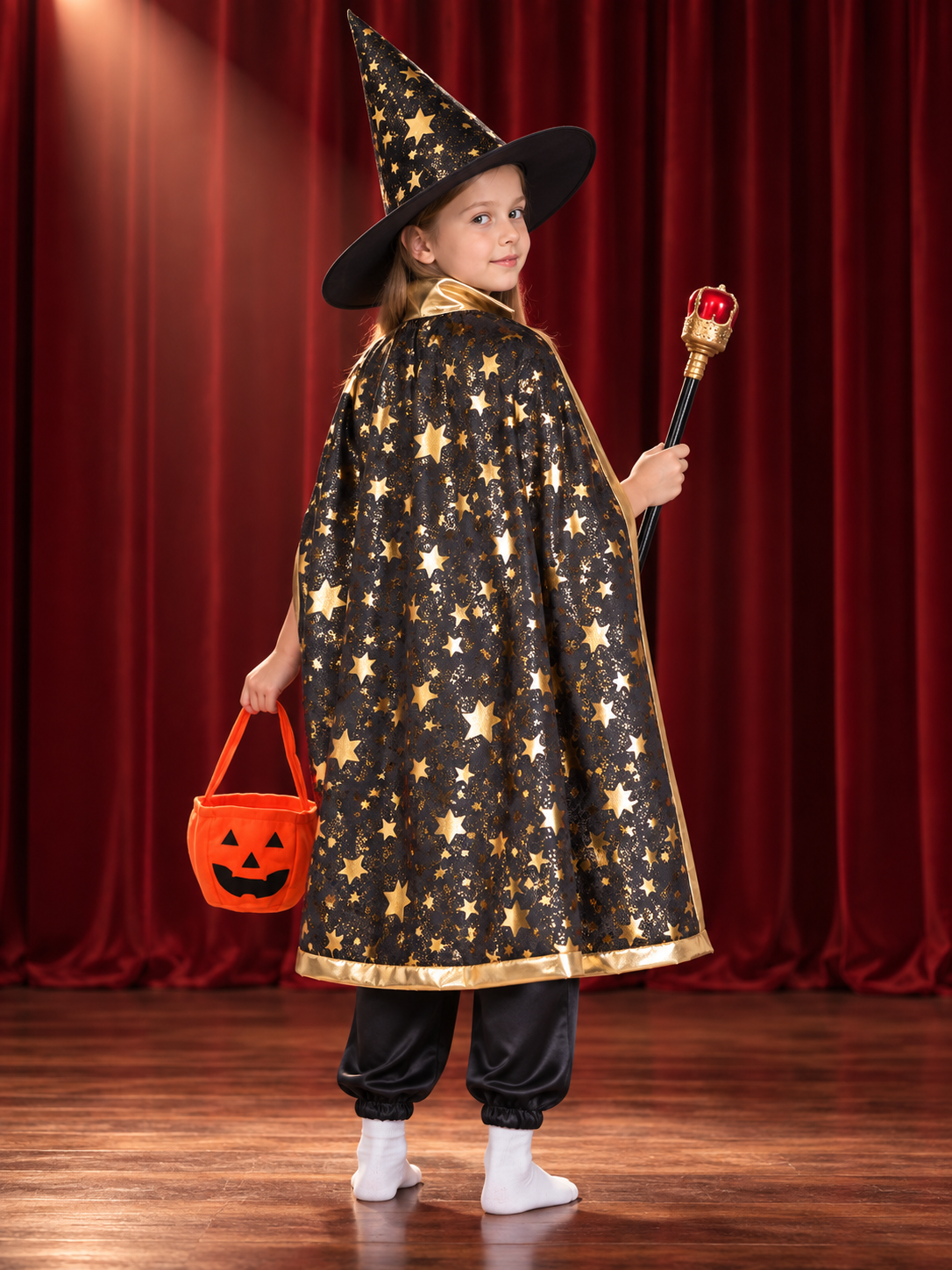 Kids' Carnival Costume with Cape, Hat, and Pumpkin Bag