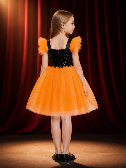 Girls' Pumpkin Halloween Princess Costume Dress, Sequined Bodice And Layered back view