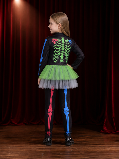 Girls Skeleton Bodysuit Costume with Mesh Tutu Skirt, Colorful Print Halloween back view